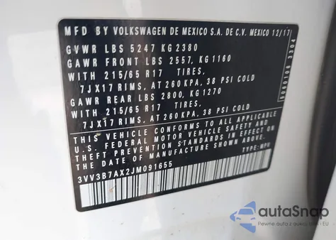 2018 Volkswagen Tiguan 2.0T Se/2.0T Sel z USA, uszkodzony, nr VIN 3VV3B7AX2JM091655